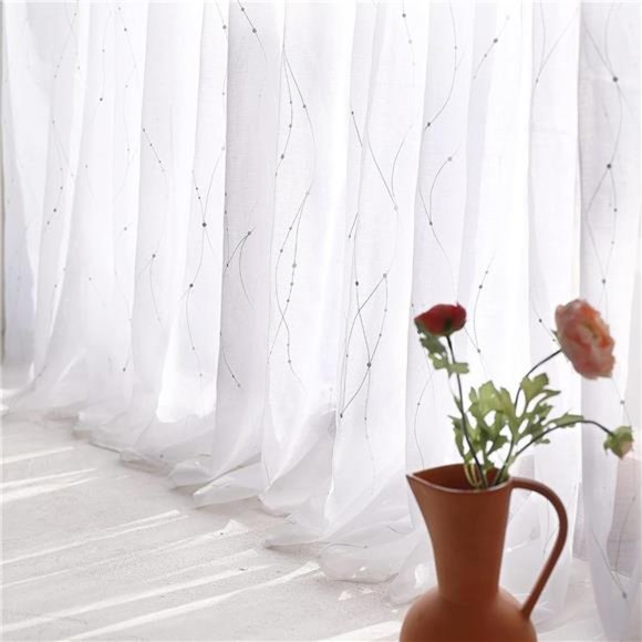 White Sheer Curtains 2 Panels Set, Grommet Sheer Curtains for Bedroom, Curtains - Picture 1 of 6